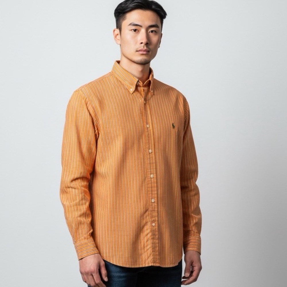 Ralph Lauren Custom Fit 100% Cotton Orange Green Stripes Long Sleeve Button Down
